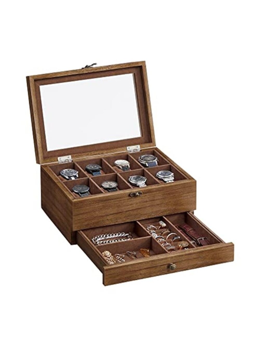 SONGMICS 2-Tier Wood Watch Box with 8 Slots, Large Glass Lid